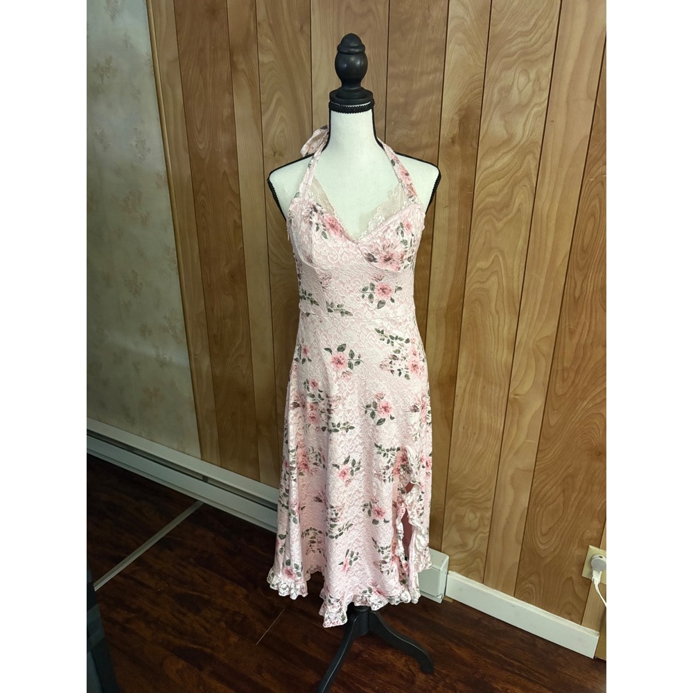 SHEIN Pink Floral Lace Halter‎ Midi Dress Ruffle Hem Small